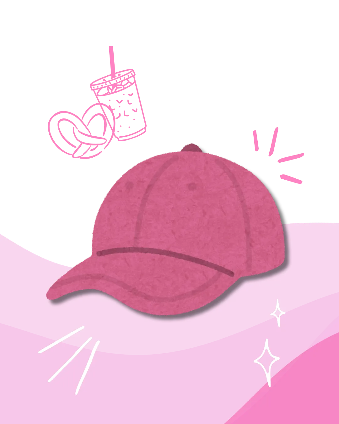 Pink hat illustration with coffee and pretzel icons on a black and pink background, representing redeeming rewards points.