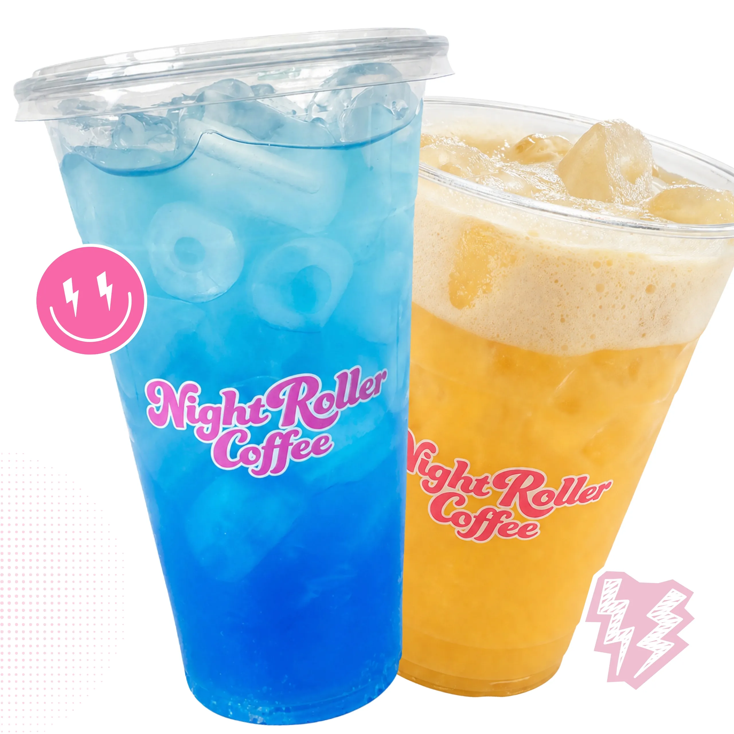 Copy & Paste: Two iced Red Bull Energy Coolers from Night Roller Coffee, featuring one vibrant blue drink and one bright orange drink in clear branded cups.