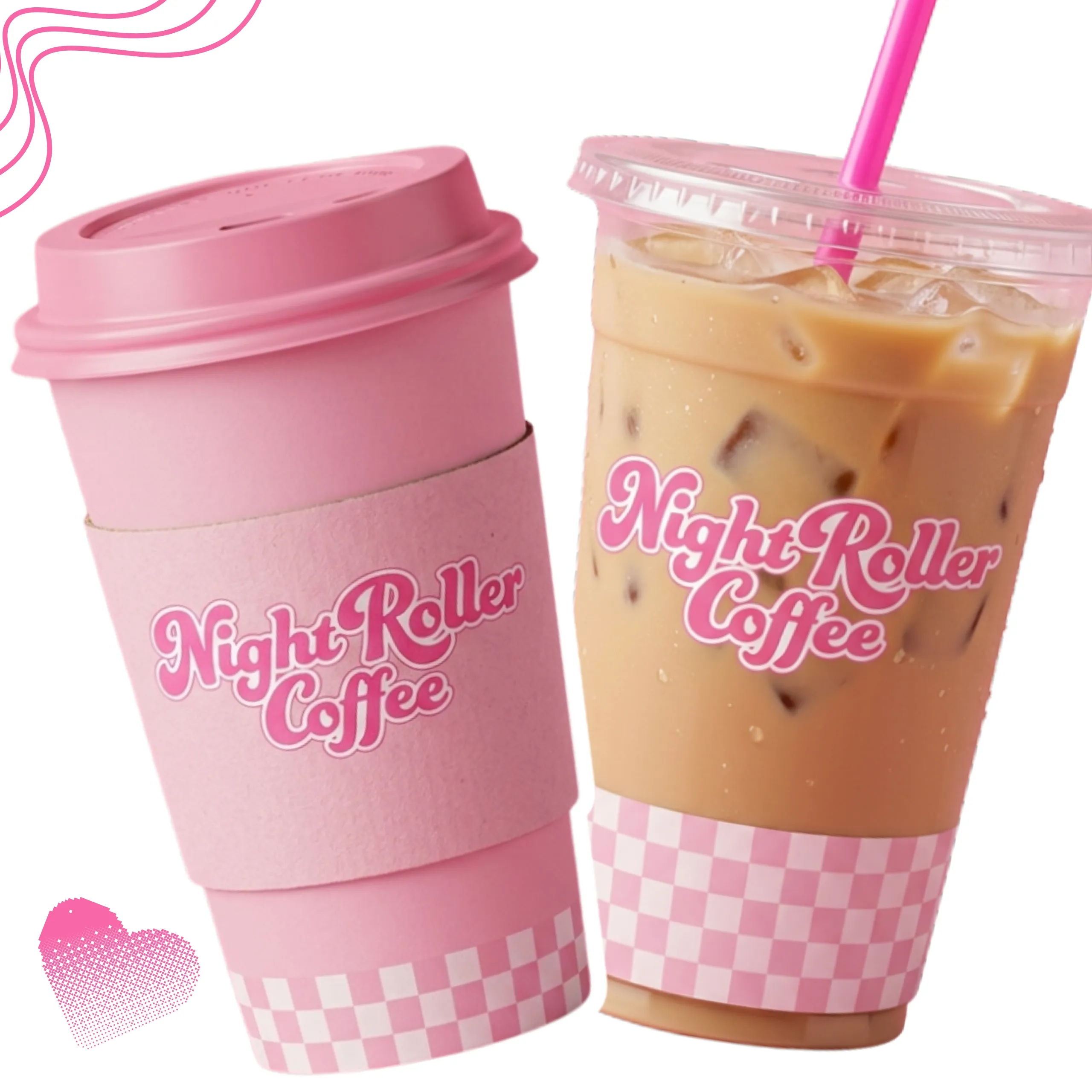 Hot and iced classic coffee options from Night Roller Coffee, featuring a signature all-pink hot cup and a clear iced coffee cup with a pink straw.
